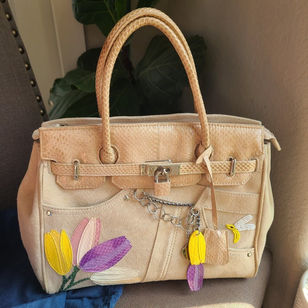 Vntg Tosca Blu Designer Purse Bag Italy Leather‎ Floral Snake Skin Tulip Beaded